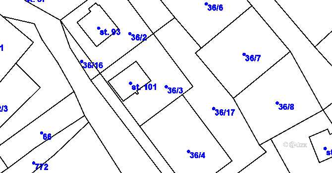 Parcela st. 36/3 v KÚ Javoří u Maletína, Katastrální mapa