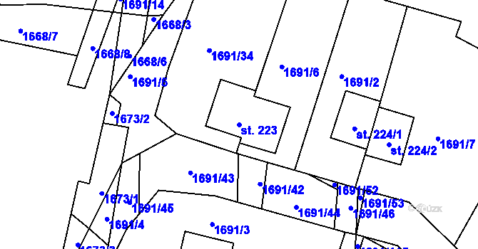 Parcela st. 223 v KÚ Malonty, Katastrální mapa