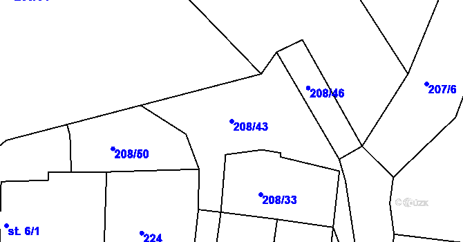 Parcela st. 208/43 v KÚ Krtely, Katastrální mapa