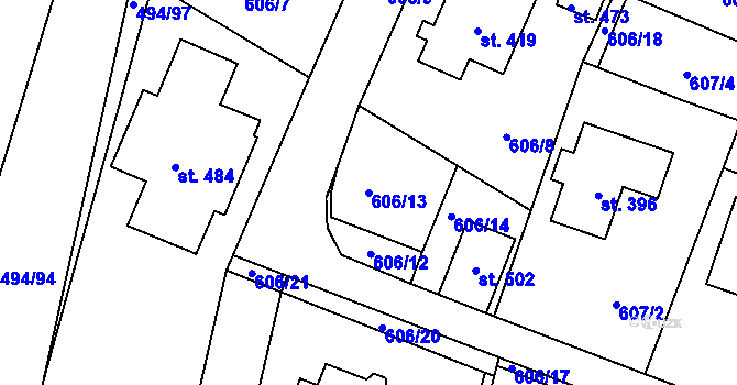 Parcela st. 606/13 v KÚ Malšice, Katastrální mapa