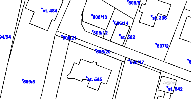 Parcela st. 606/20 v KÚ Malšice, Katastrální mapa