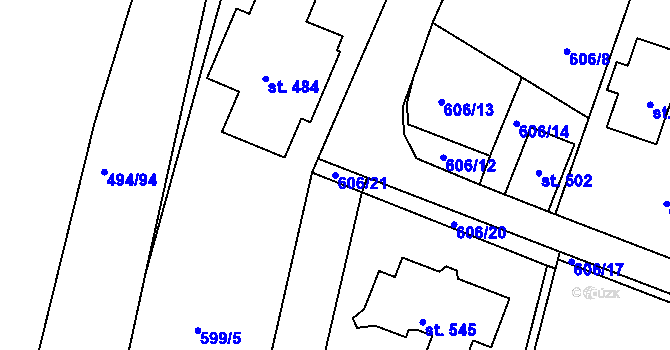 Parcela st. 606/21 v KÚ Malšice, Katastrální mapa