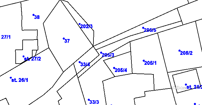 Parcela st. 205/3 v KÚ Malšova Lhota, Katastrální mapa