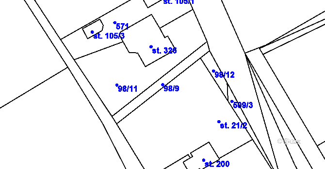 Parcela st. 98/9 v KÚ Jelenice u Mělníka, Katastrální mapa