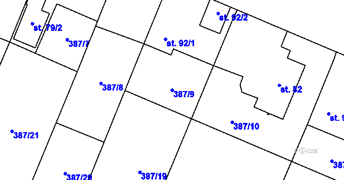 Parcela st. 387/9 v KÚ Jelenice u Mělníka, Katastrální mapa