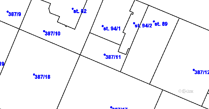 Parcela st. 387/11 v KÚ Jelenice u Mělníka, Katastrální mapa
