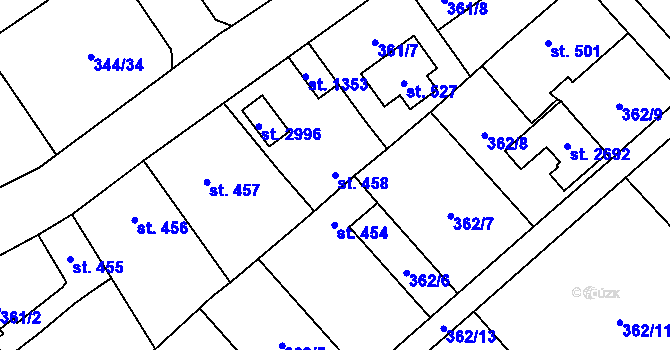 Parcela st. 458 v KÚ Úšovice, Katastrální mapa