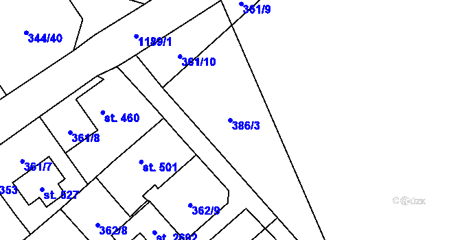 Parcela st. 386/3 v KÚ Úšovice, Katastrální mapa