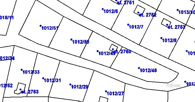 Parcela st. 1012/49 v KÚ Úšovice, Katastrální mapa