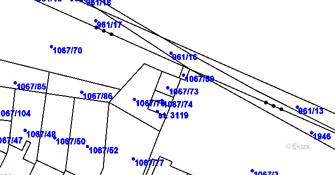 Parcela st. 1067/73 v KÚ Úšovice, Katastrální mapa