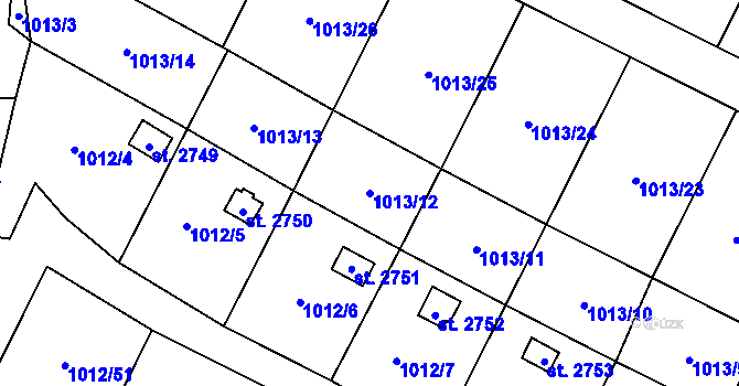 Parcela st. 1013/12 v KÚ Úšovice, Katastrální mapa
