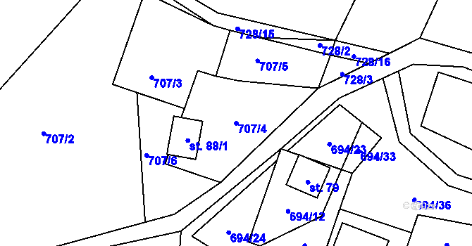 Parcela st. 707/4 v KÚ Markvarec u Nové Cerekve, Katastrální mapa