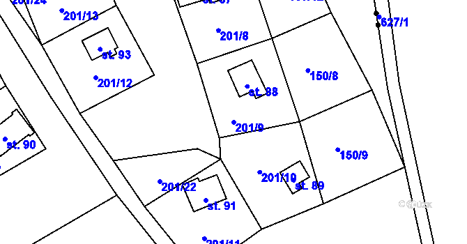 Parcela st. 201/9 v KÚ Skuřina, Katastrální mapa