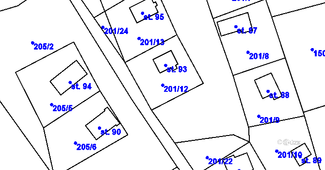 Parcela st. 201/12 v KÚ Skuřina, Katastrální mapa