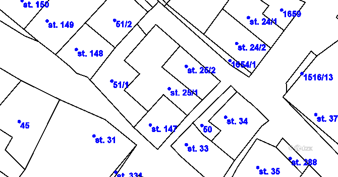 Parcela st. 25/1 v KÚ Martiněves u Libochovic, Katastrální mapa