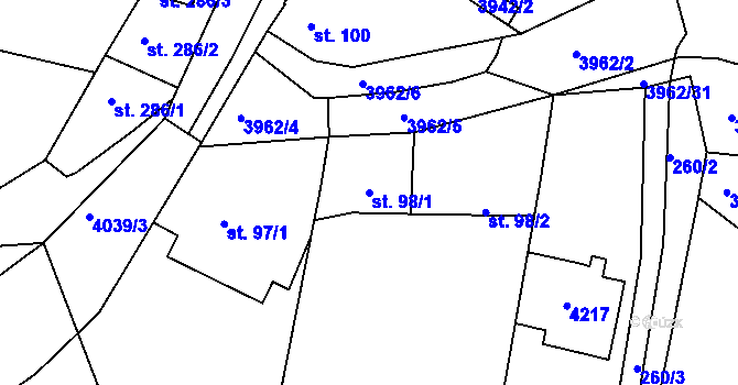 Parcela st. 98/1 v KÚ Mašťov, Katastrální mapa