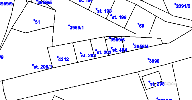 Parcela st. 202 v KÚ Mašťov, Katastrální mapa