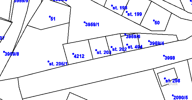 Parcela st. 203 v KÚ Mašťov, Katastrální mapa