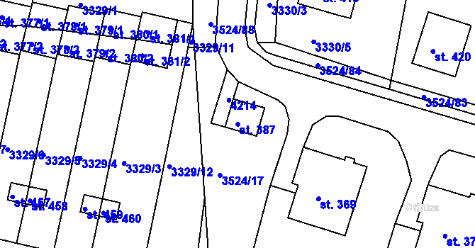 Parcela st. 387 v KÚ Mašťov, Katastrální mapa