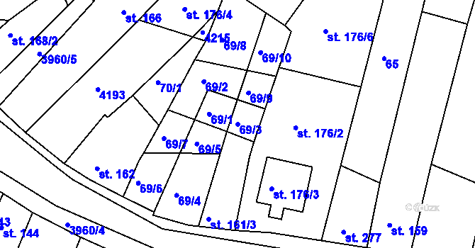 Parcela st. 69/3 v KÚ Mašťov, Katastrální mapa