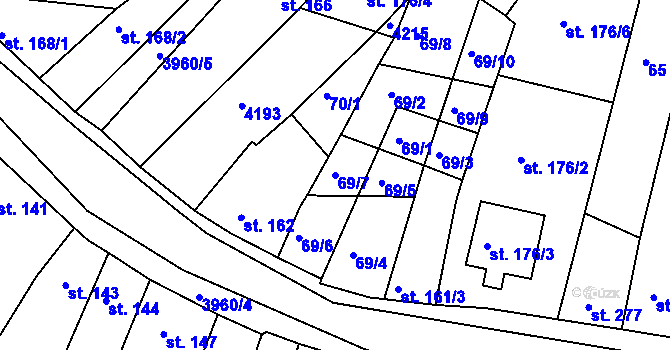 Parcela st. 69/7 v KÚ Mašťov, Katastrální mapa