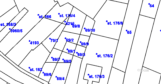 Parcela st. 69/9 v KÚ Mašťov, Katastrální mapa