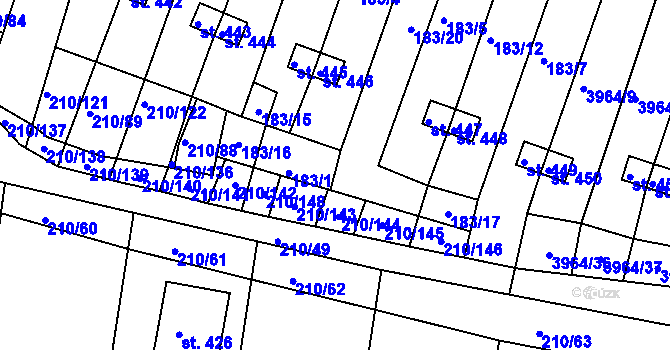Parcela st. 183/1 v KÚ Mašťov, Katastrální mapa