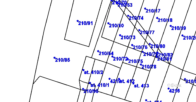 Parcela st. 210/54 v KÚ Mašťov, Katastrální mapa