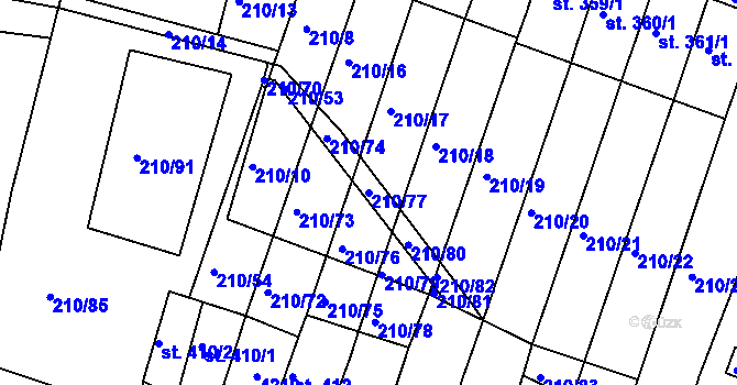 Parcela st. 210/77 v KÚ Mašťov, Katastrální mapa