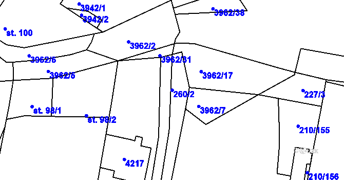 Parcela st. 260/2 v KÚ Mašťov, Katastrální mapa