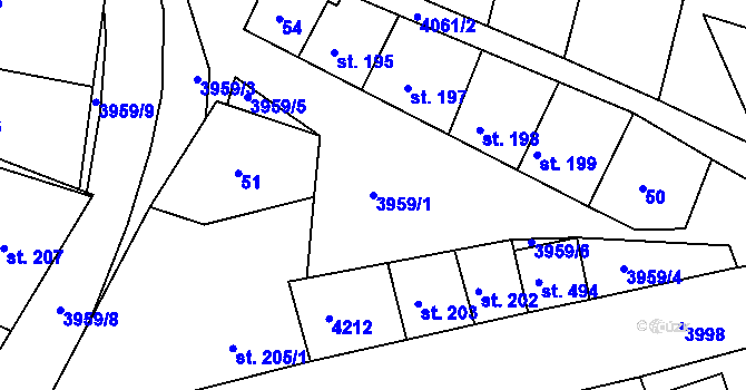Parcela st. 3959/1 v KÚ Mašťov, Katastrální mapa
