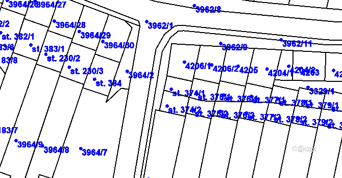 Parcela st. 374/1 v KÚ Mašťov, Katastrální mapa