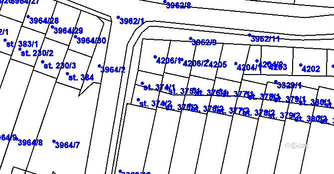 Parcela st. 375/1 v KÚ Mašťov, Katastrální mapa