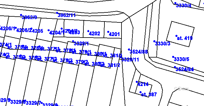 Parcela st. 381/1 v KÚ Mašťov, Katastrální mapa