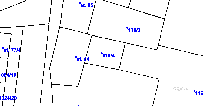 Parcela st. 116/4 v KÚ Mcely, Katastrální mapa