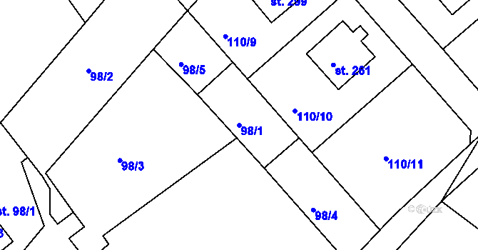 Parcela st. 98/1 v KÚ Měčín, Katastrální mapa