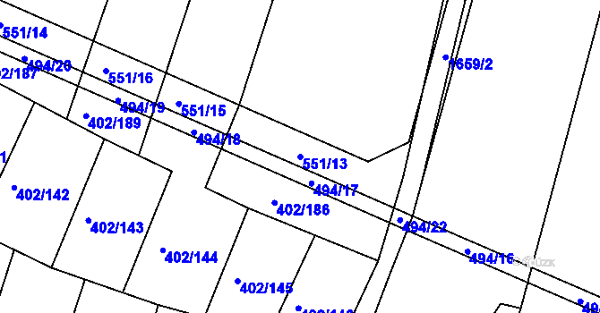 Parcela st. 551/13 v KÚ Medlice, Katastrální mapa