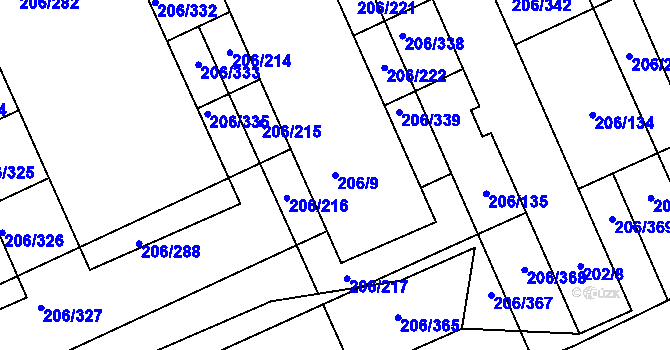 Parcela st. 206/9 v KÚ Medlov, Katastrální mapa