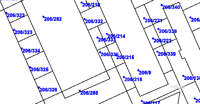 Parcela st. 206/335 v KÚ Medlov, Katastrální mapa