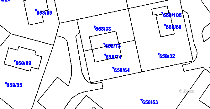 Parcela st. 658/74 v KÚ Medlov, Katastrální mapa