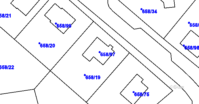Parcela st. 658/97 v KÚ Medlov, Katastrální mapa