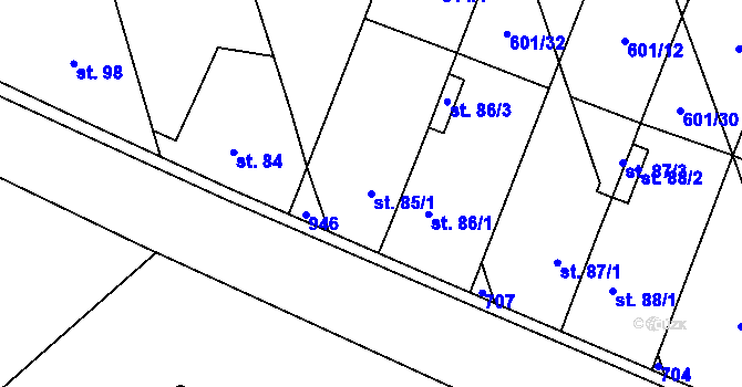 Parcela st. 85/1 v KÚ Rybníček, Katastrální mapa