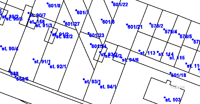 Parcela st. 93/2 v KÚ Rybníček, Katastrální mapa