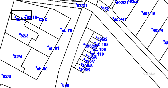 Parcela st. 395/10 v KÚ Rybníček, Katastrální mapa