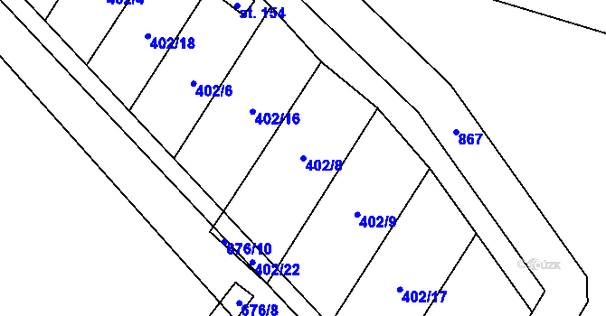 Parcela st. 402/8 v KÚ Rybníček, Katastrální mapa
