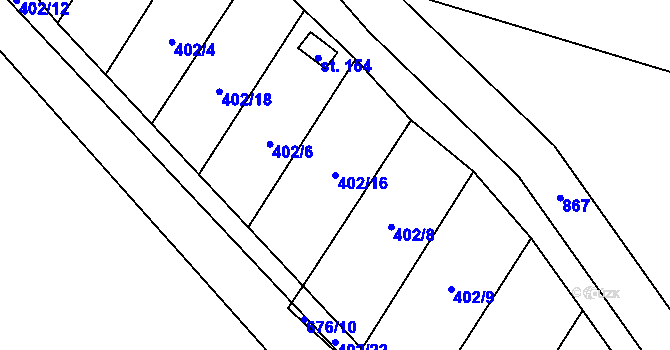 Parcela st. 402/16 v KÚ Rybníček, Katastrální mapa