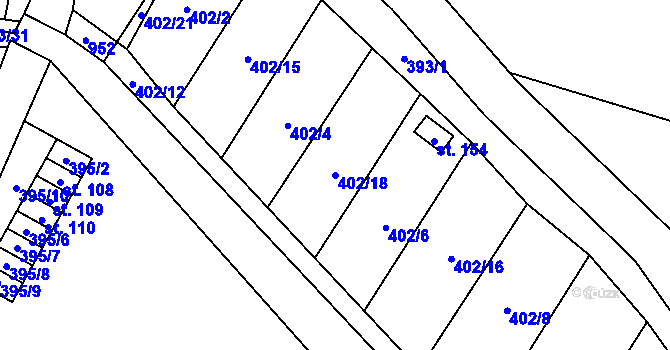 Parcela st. 402/18 v KÚ Rybníček, Katastrální mapa