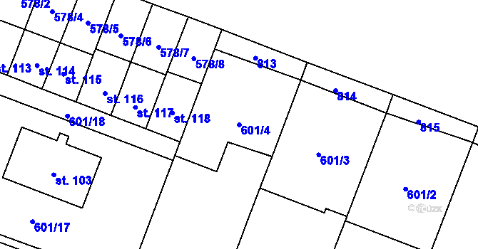 Parcela st. 601/4 v KÚ Rybníček, Katastrální mapa