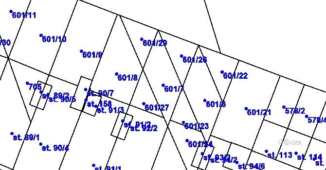 Parcela st. 601/7 v KÚ Rybníček, Katastrální mapa