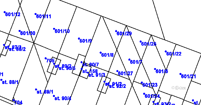 Parcela st. 601/8 v KÚ Rybníček, Katastrální mapa